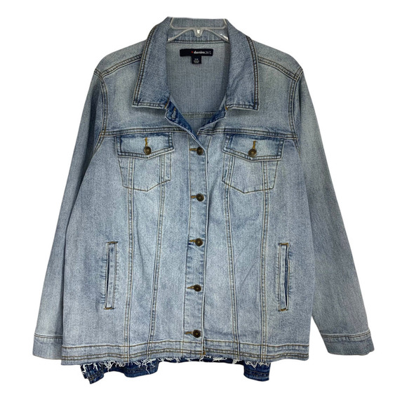Denim 24/7 Jackets & Blazers - Denim 24/7 Plus Sz 20W 20 W Stretch Denim Jacket Zipper Sides Raw Hem Light Wash